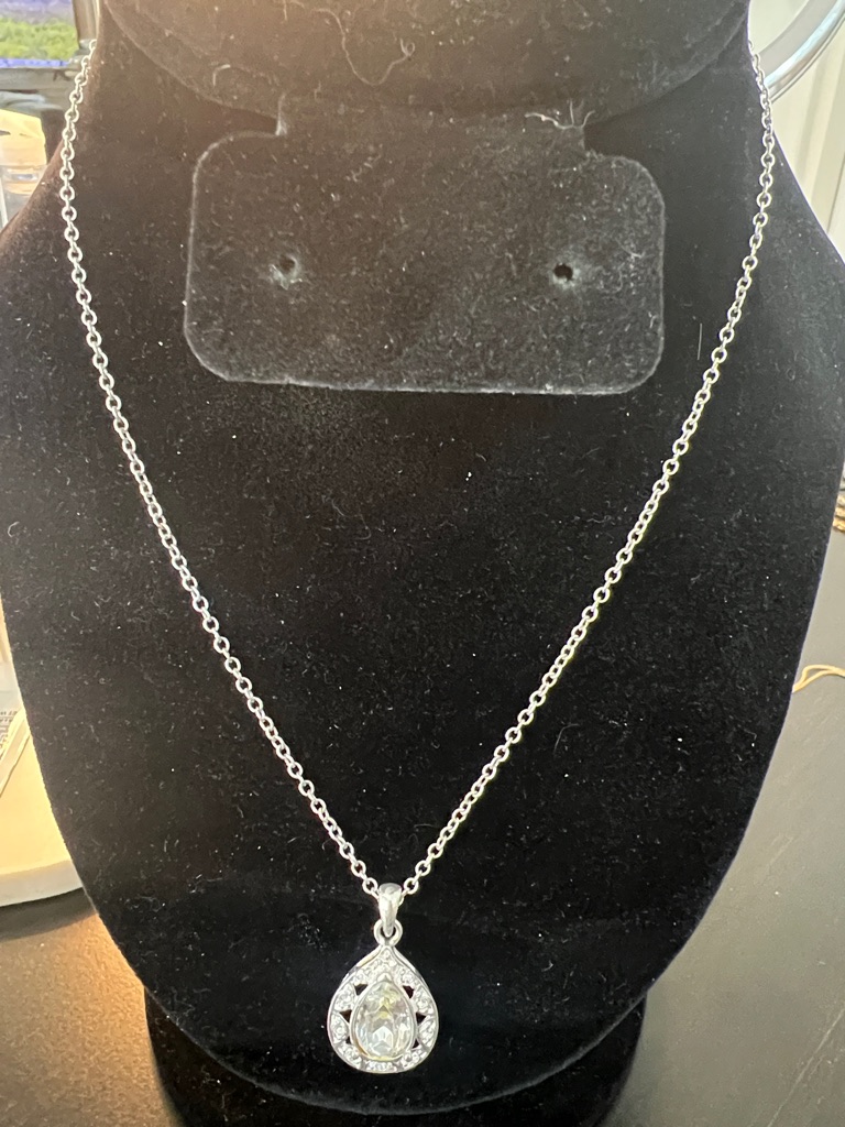 Silver Teardrop Crystal Pendant Necklace - Sparkling Clear Stone